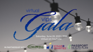 Dark blue virtual VIPS Gala logo overlaid on black and white background of strung up lights.