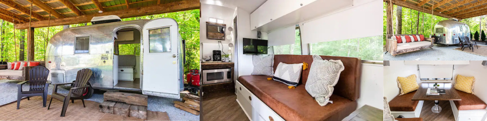 Air stream camper outside view on the left and the inside view on the right with a bed, pillows and lamp and an outside view in the top right of the picture and a seating area inside the Airstream.