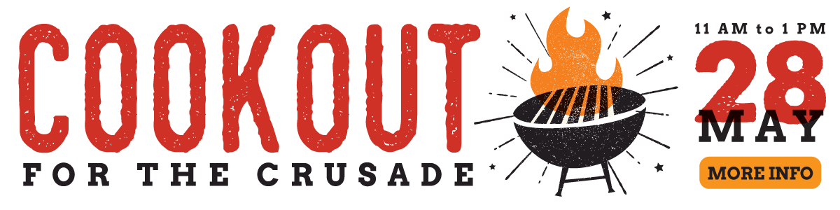 Cookout for Crusade art contains a grill and the words Cookout for the Crusade along with the date and time of the event in letterpress style.