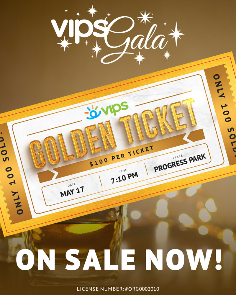 A Golden Ticket against a backdrop of party lights, and the VIPS Gala logo appears at the top.