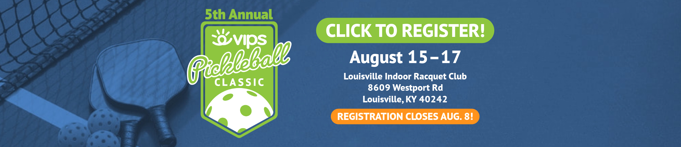 Pickleball Classic art with logo, date, venue, and registration button