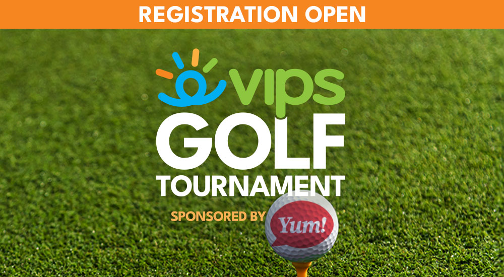 VIPS Golf Tournament logo, sponsored by Yum! on a background of green grass. Orange banner at the top says "Registration Open"