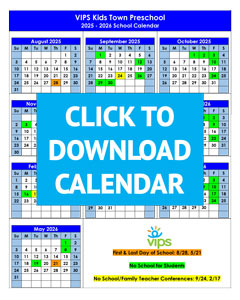 Screenshot of 25-26 VIPS Preschool Calendar with the text, "Click to Download Calendar" overlayed.