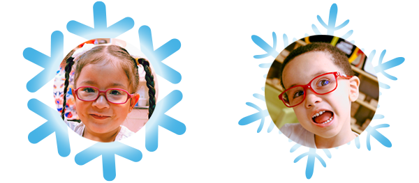 Faces of a boy and a girl superimposed over snowflake shapes