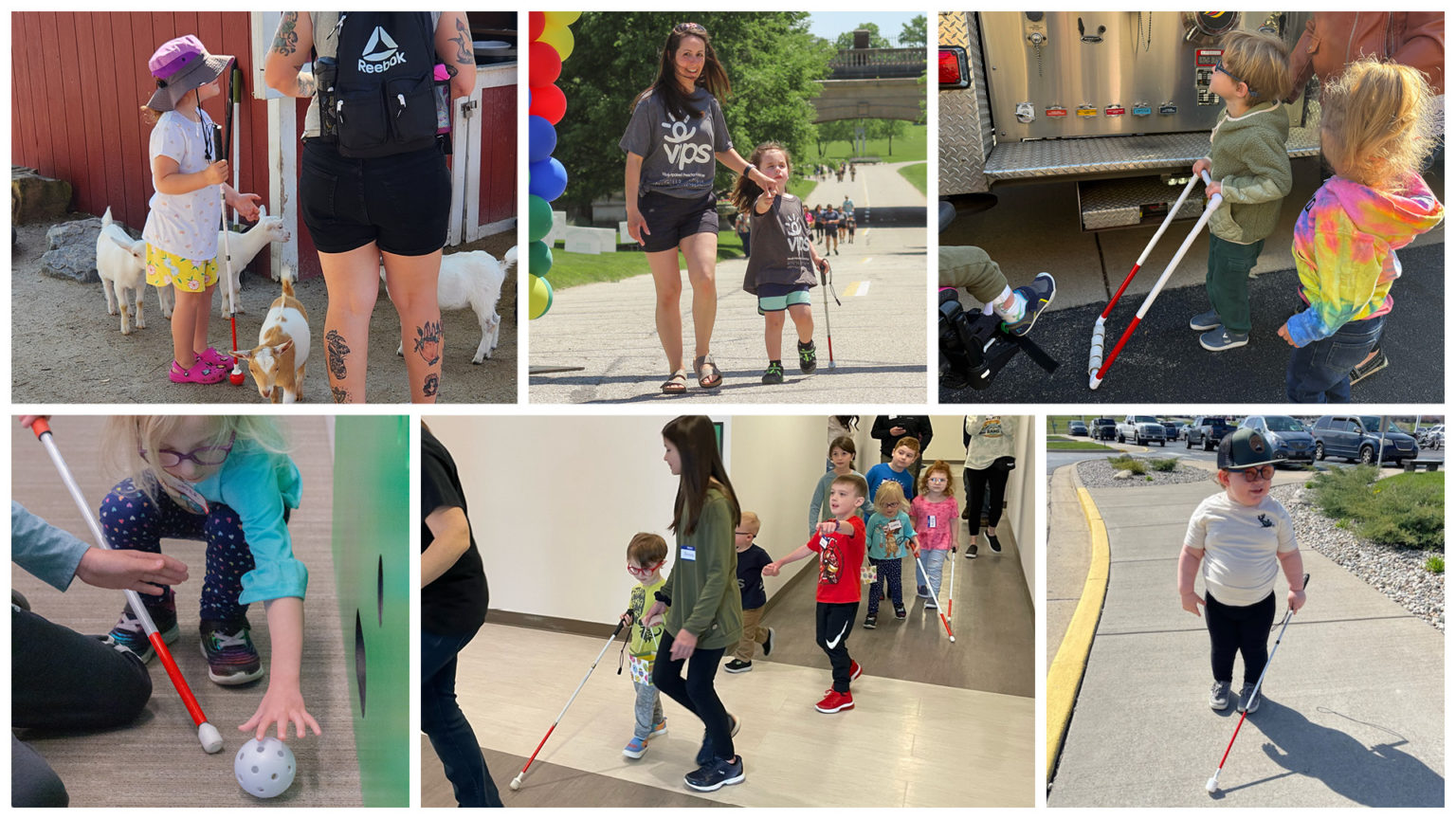 A collage of photos of kids using white canes and pre-cane devices.