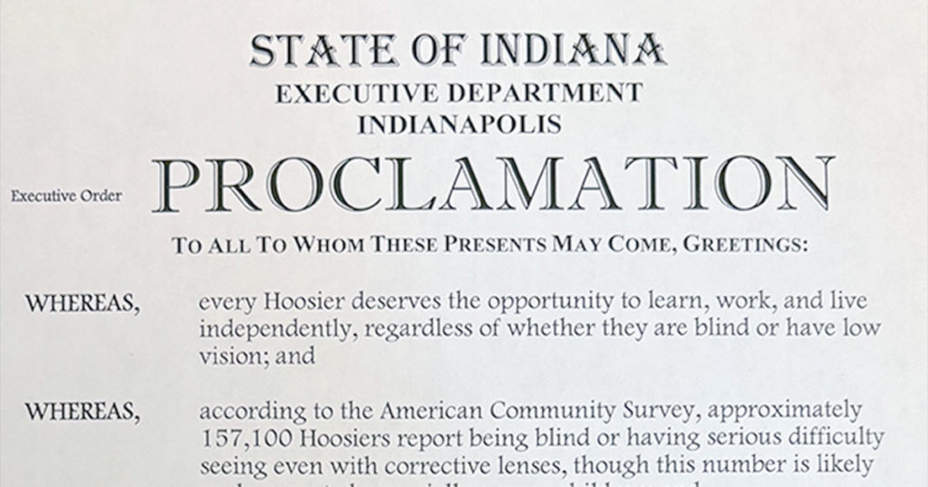 A photo of the official proclamation that October is Blindness and Low Vision Awareness Month in Indiana, signed by Governor Mike Braun.