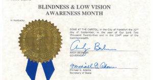 A scan of the official proclamation that October is Blindness and Low Vision Awareness Month in Kentucky. The proclamation is signed by Governor Andy Beshear and Secretary of State Michael G. Adams.