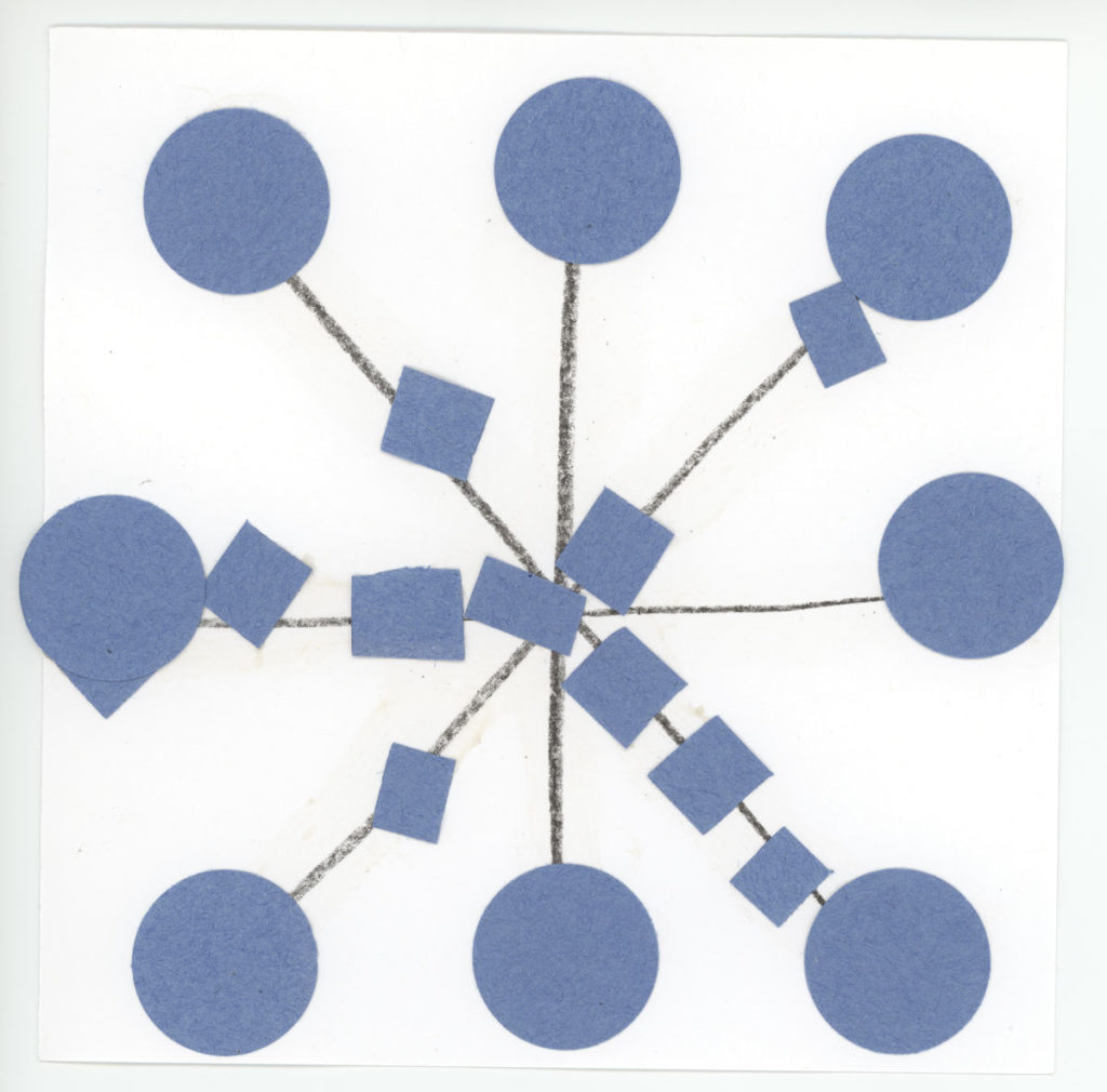 A child-made snowflake made with blue round and square pieces of construction paper on a eight-point star shape drawn with black crayon, on white paper.