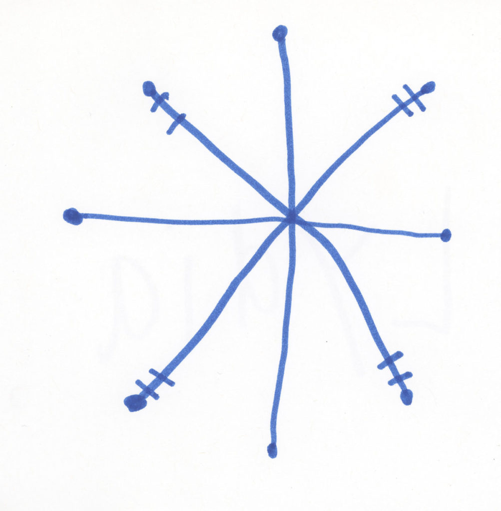 A child-drawn snowflake with eight point and dots and short perpendicular line at the ends, drawn with blue marker.
