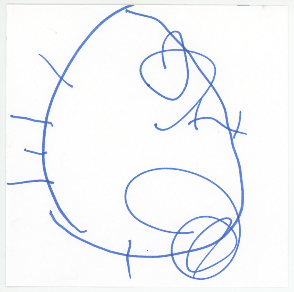 A child-drawn snowflake, chaotic with a big circle and smaller circles with a few straight lines at teh edges. Drawn with a blue marker.