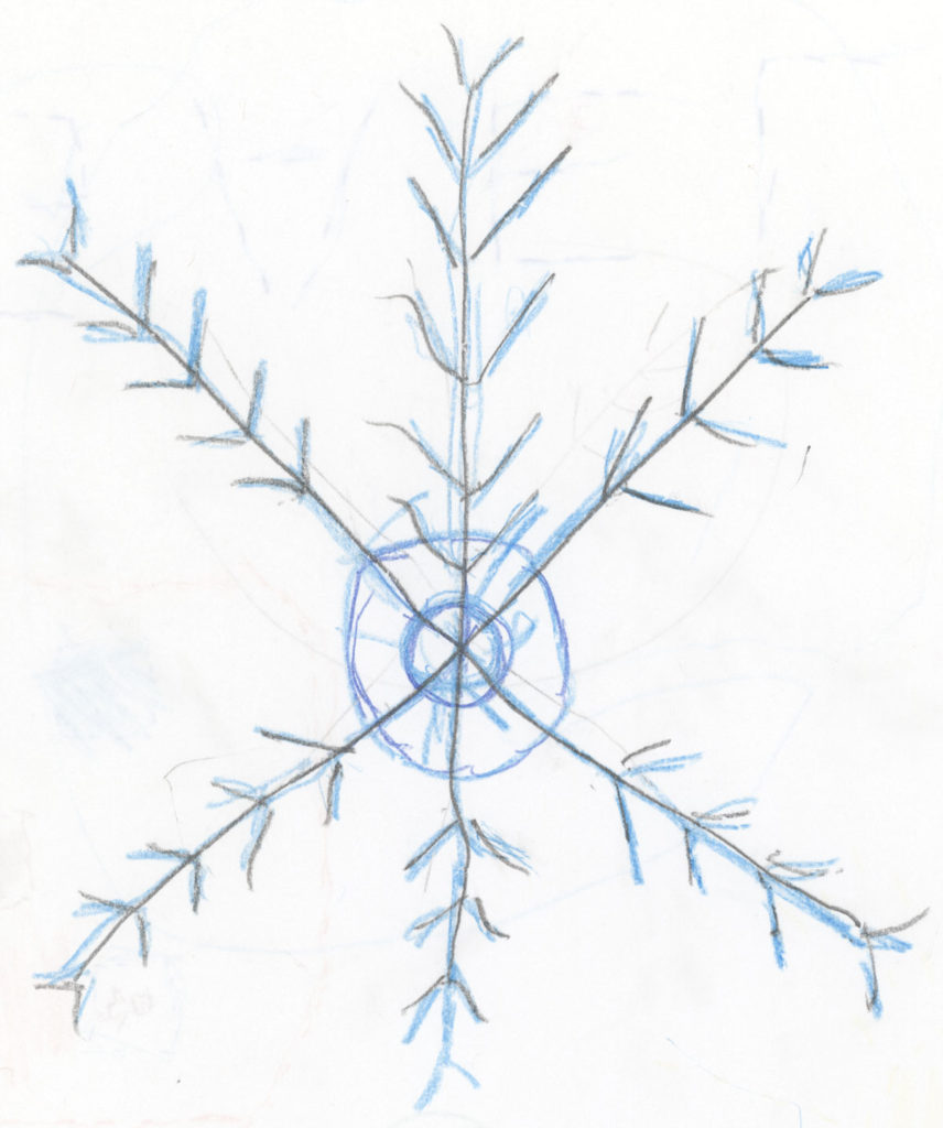 A child-drawn snowflake with six points and multiple chevrons pointing towards a center of two circles. Drawn with blue and black crayon.