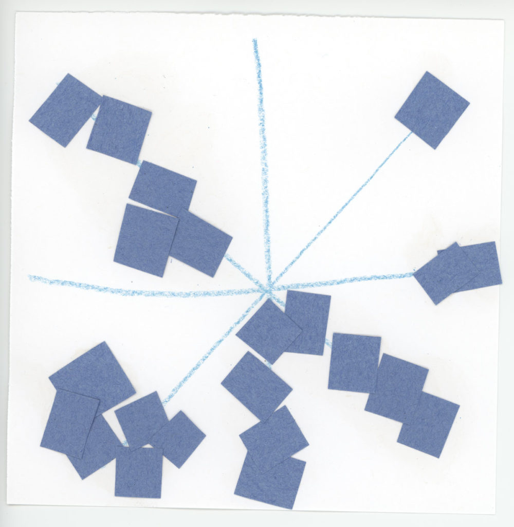 A child-made snowflake with an eight point star drawn with blue crayon and blue squares made with construction paper attached to the ends.