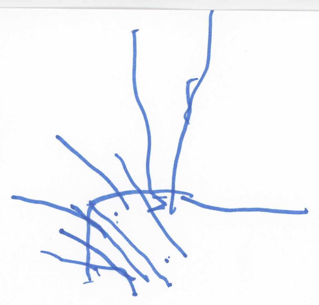 A child-drawn snowflake made with blue marker and lots of straight lines connected with a semicircle.
