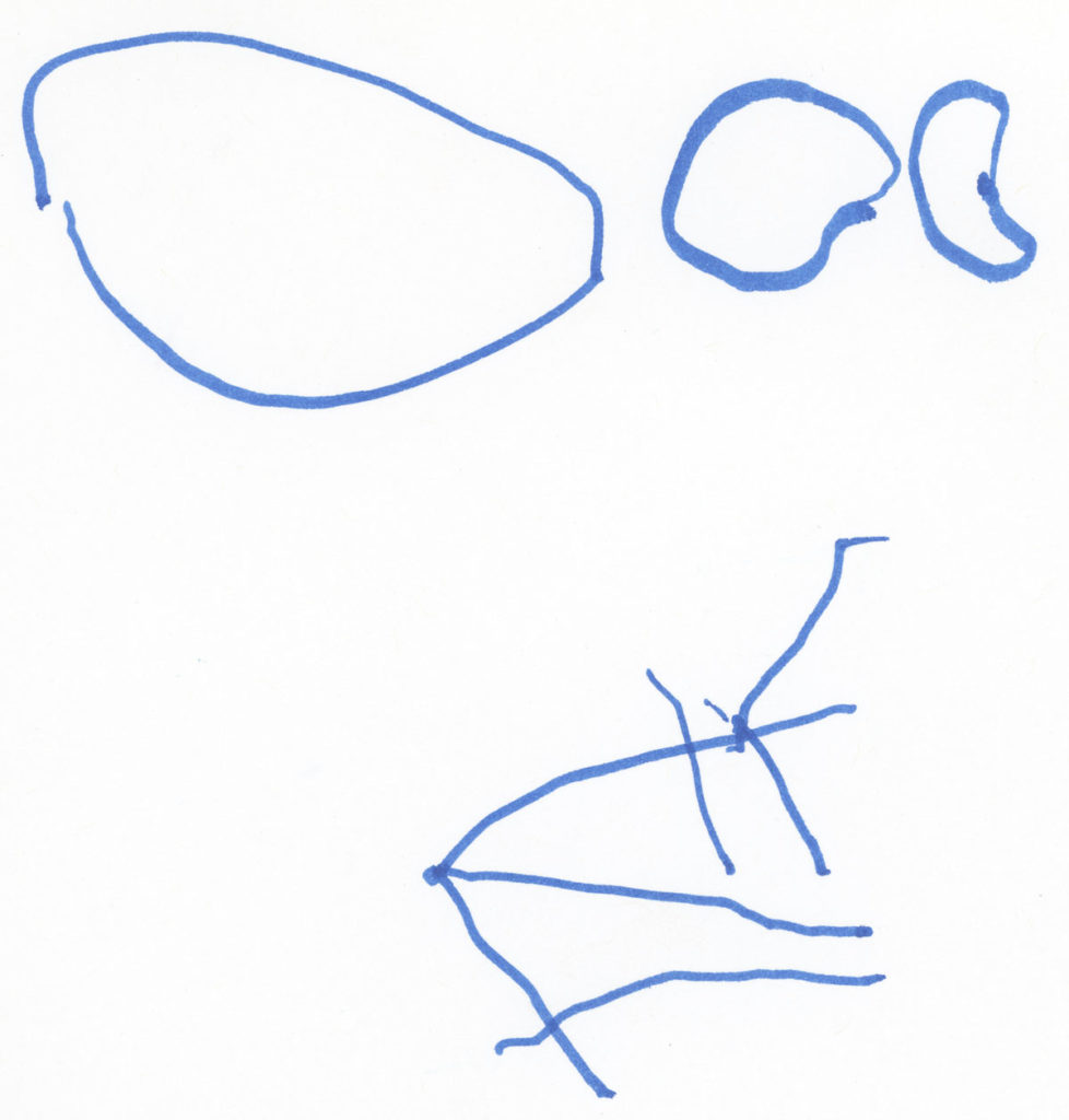 A child-drawn snowflake made with a blue marker. There are three oval shapes of varying size and series straight lines in a group at the bottom of the page.