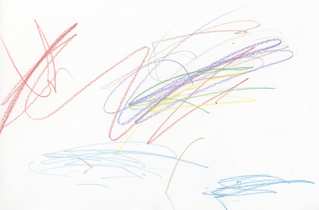 Child-made snowflakes made with scribbles of red, green, purple, yellow, and blue crayons.