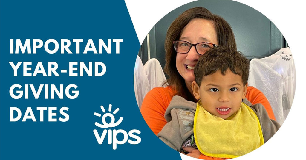 Important Year-end Giving Dates header with photo of Sheila Klopfenstein and a small boy.