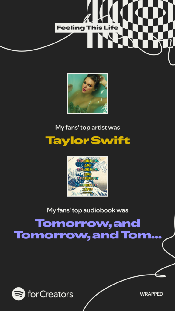 Spotify graphic says for fans of Feeling This Life, Taylor Swift was the top artist, and "Tomorrow, and Tomorrow, and Tomorrow" by Gabrielle Zevin was the top audiobook.