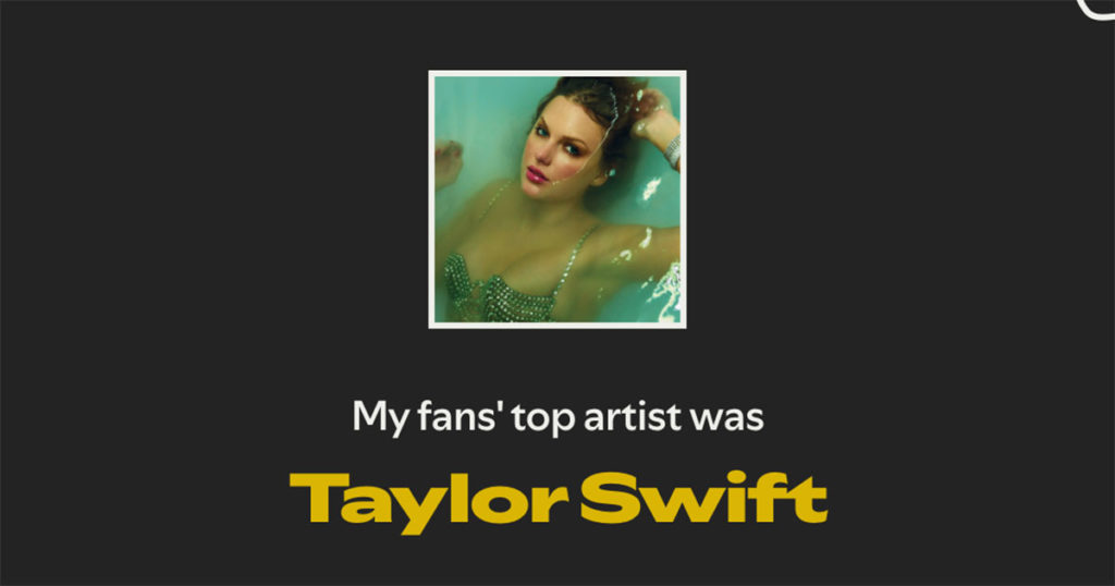 Photo of Taylor Swift with words, "My fan's top artist was Taylor Swift"