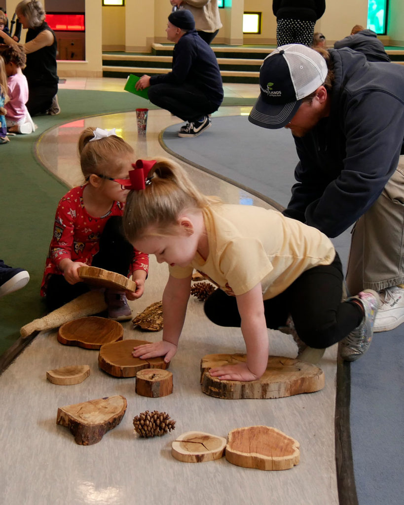 Two small girls play with the pieces of trees, and Ranger Ryan shows them how to count the rings.