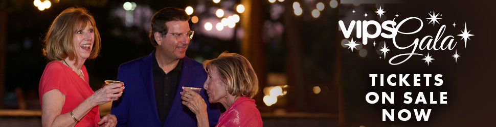 Three adults chatting at the 2025 Gala with VIPS Gala logo with "Tickets On Sale Now" text on the right.