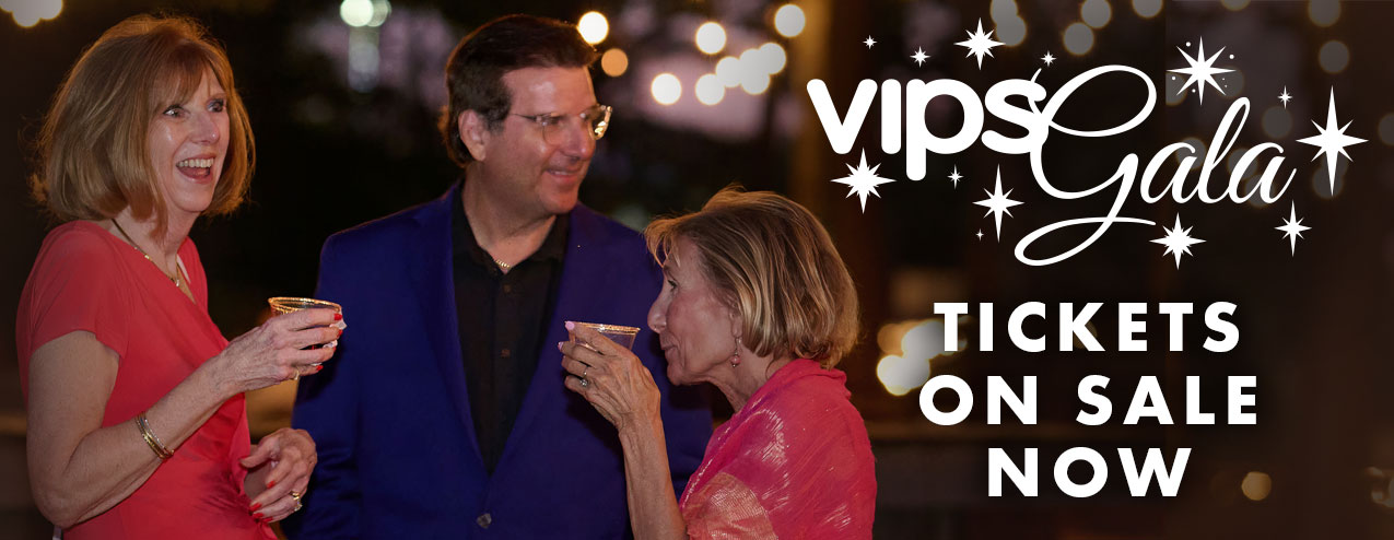 Three adults chatting at the 2025 Gala with VIPS Gala logo with "Tickets On Sale Now" text on the right.