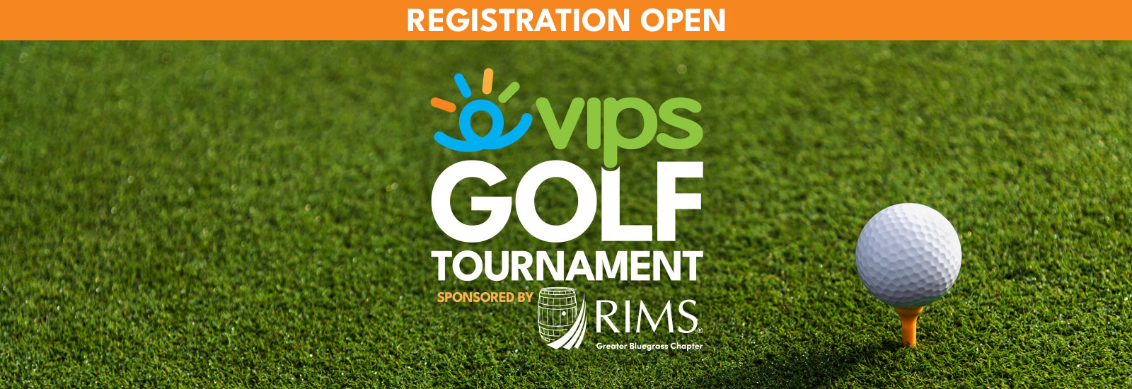 Page banner with VIPS Golf Tournament Sponsored by RIMS Greater Bluegrass Chapter logo against a putting green background